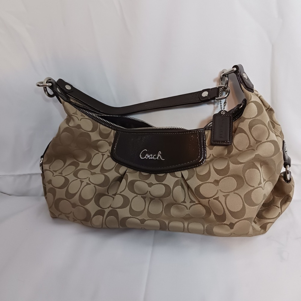 Coach Signature Hobo Bag Womens Medium Khaki Brown Excellent Jacquard F19766